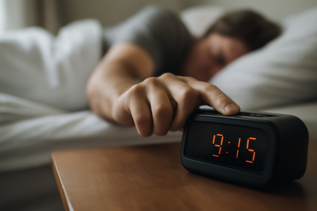 Person turning off alarm clock in the morning, sunlight streaming through window, illustrating tips on how to stop oversleeping and wake up on time.