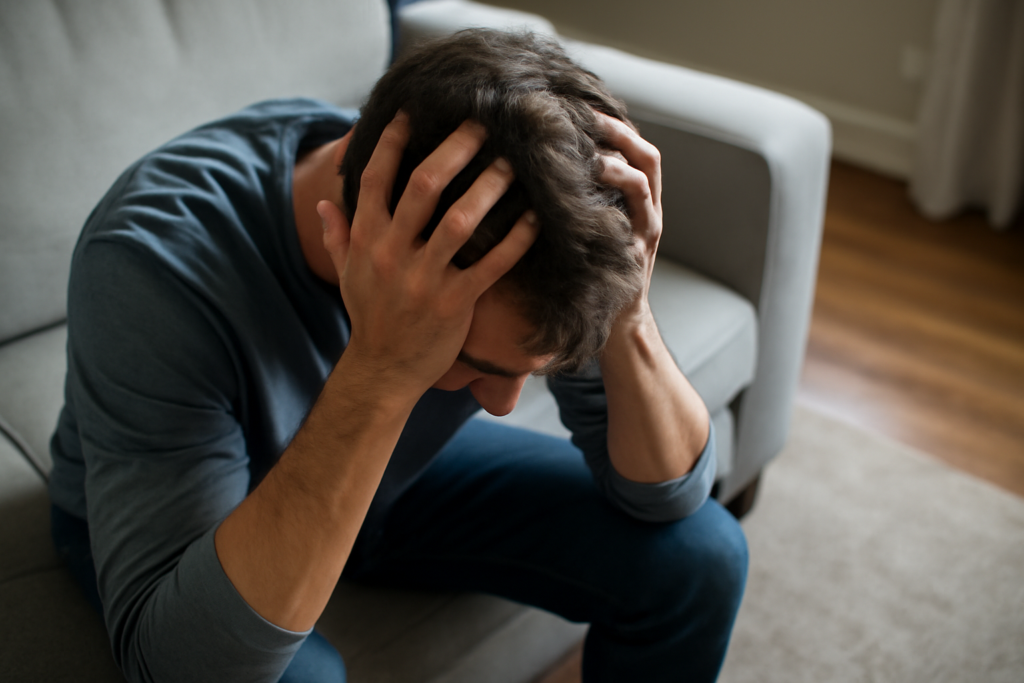 A person experiencing symptoms of panic disorder, sitting with head in hands, highlighting the challenges that can qualify panic disorder as a disability.