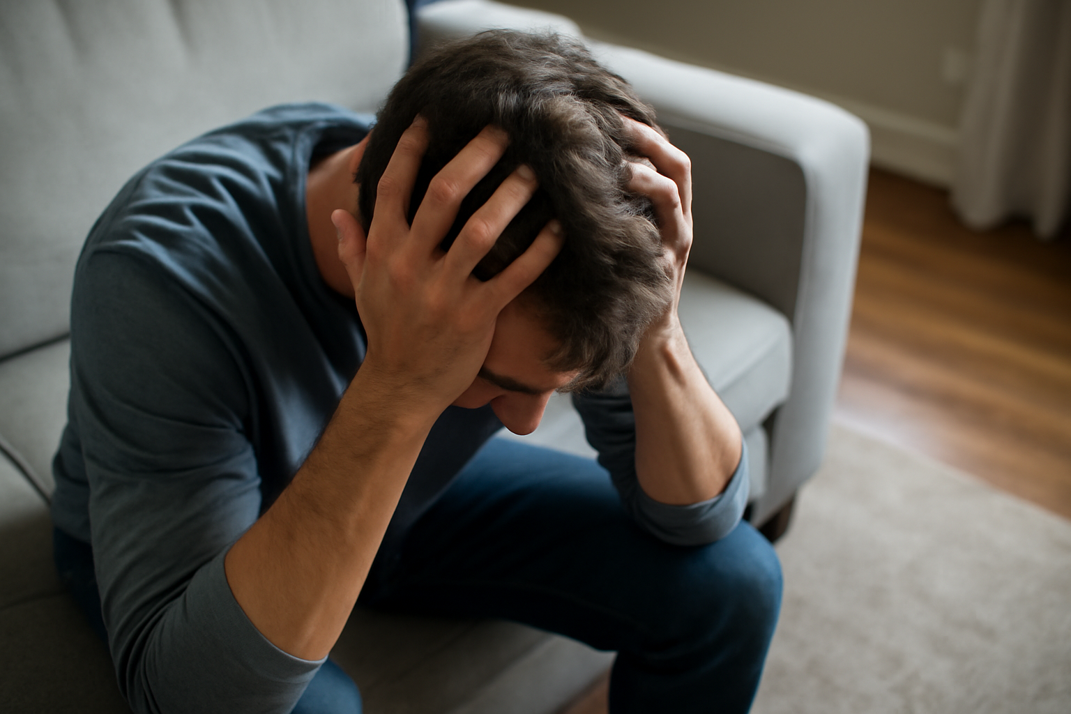 A person experiencing symptoms of panic disorder, sitting with head in hands, highlighting the challenges that can qualify panic disorder as a disability.