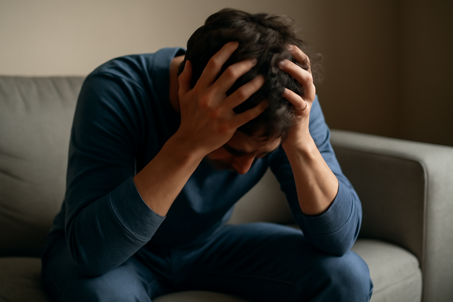 Man sitting on couch holding head in distress