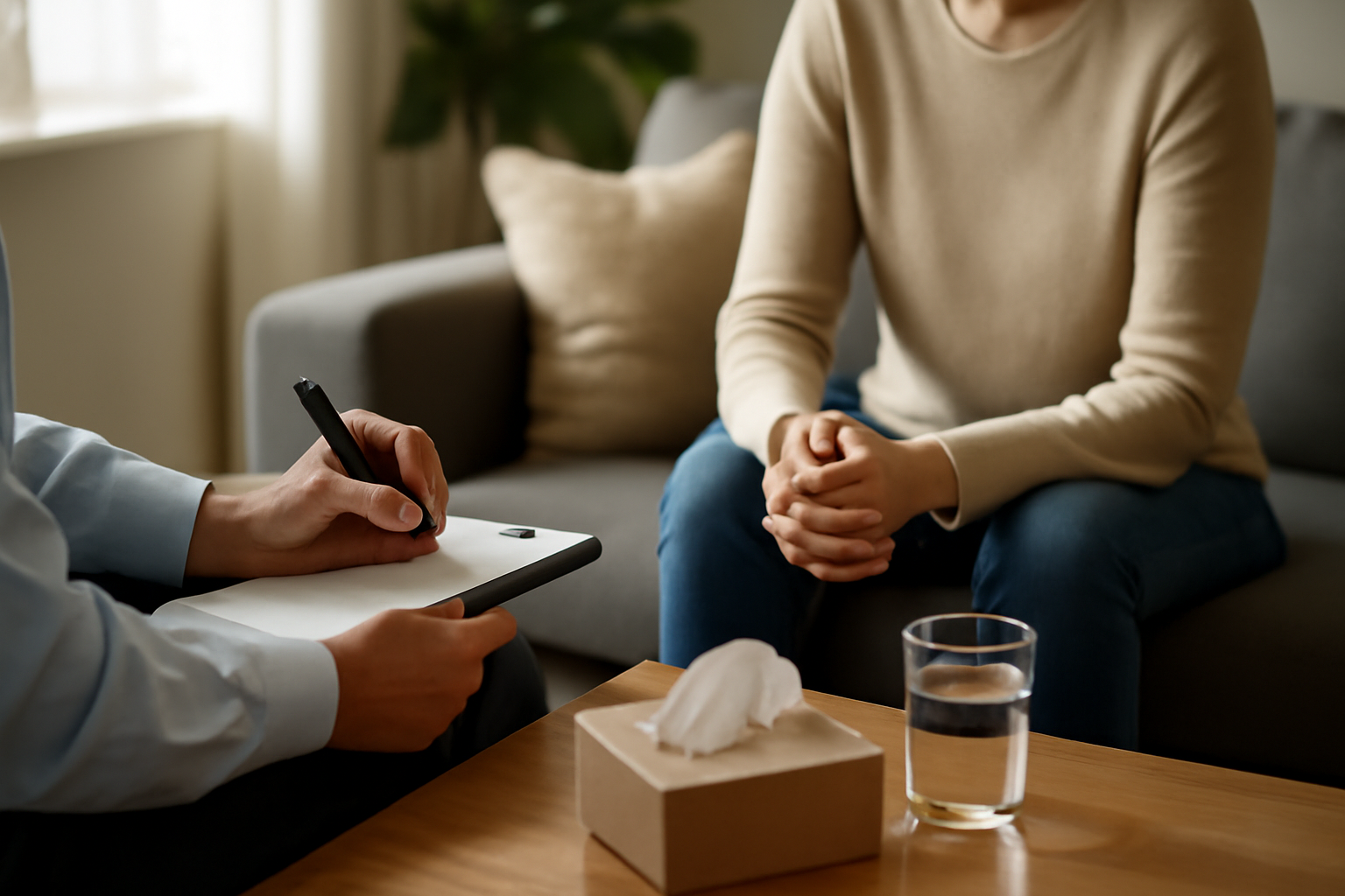 Person sitting and talking to a therapist with clipboard