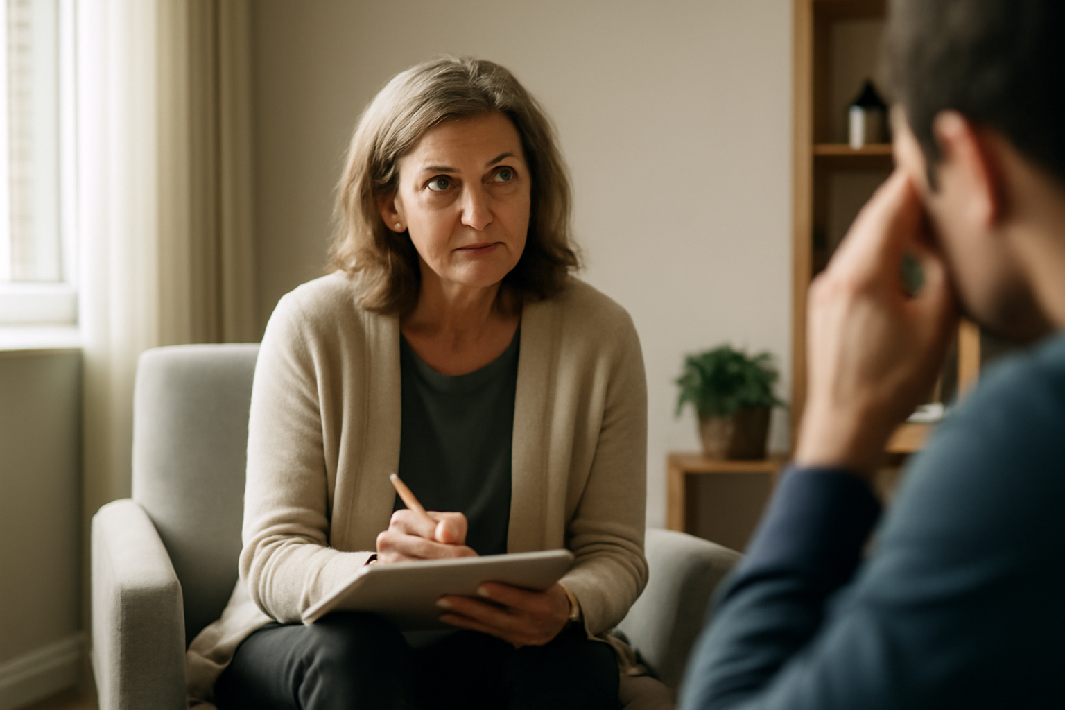 Woman writing notes while listening to man in therapy session