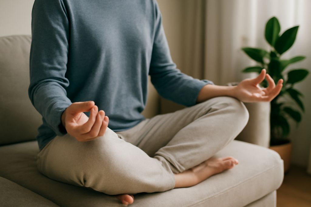A person meditating in a serene natural setting, eyes closed and sitting cross-legged, embodying inner peace and tranquility of mind.