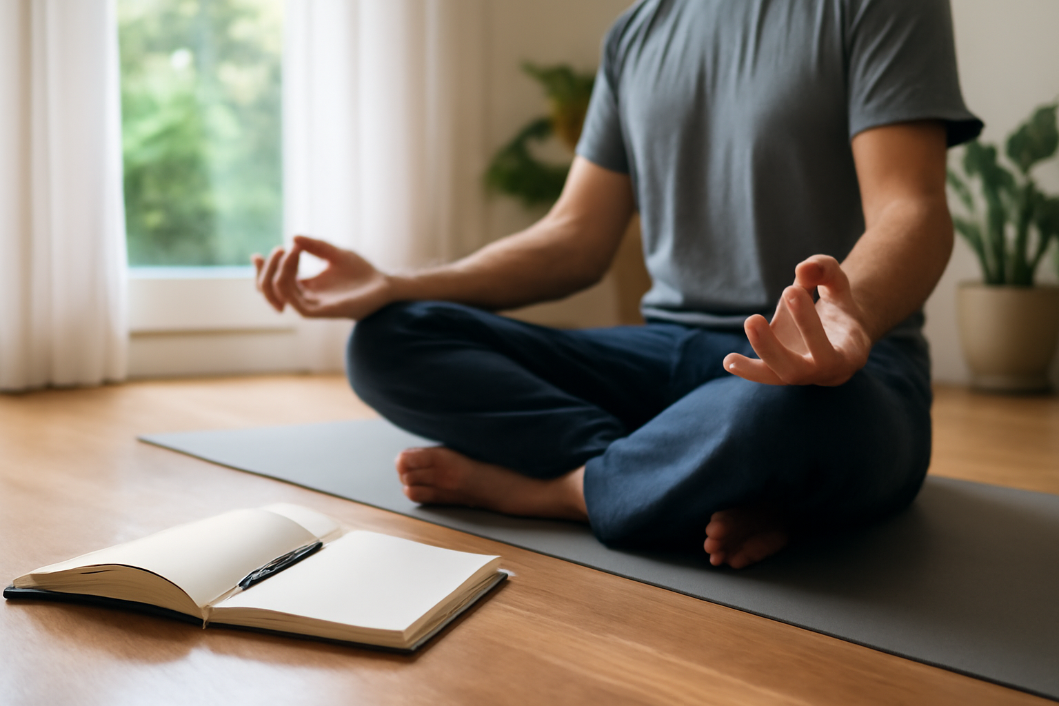 Person meditating in cross-legged pose on yoga mat with open journal nearby