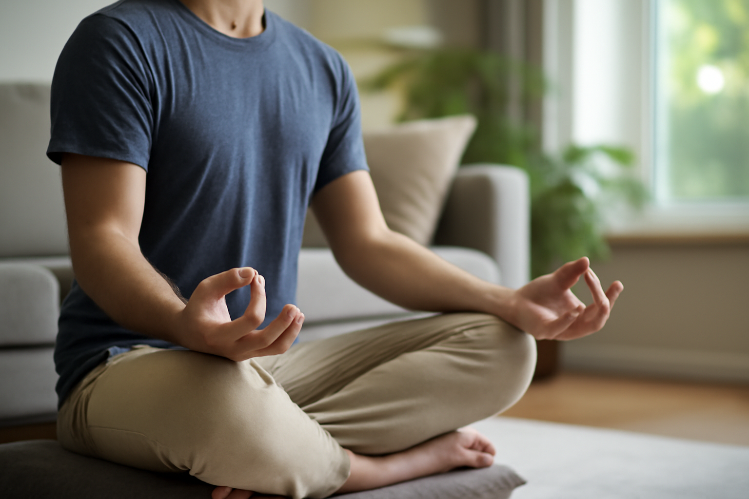 Person meditating cross-legged with hands in mudra pose indoors