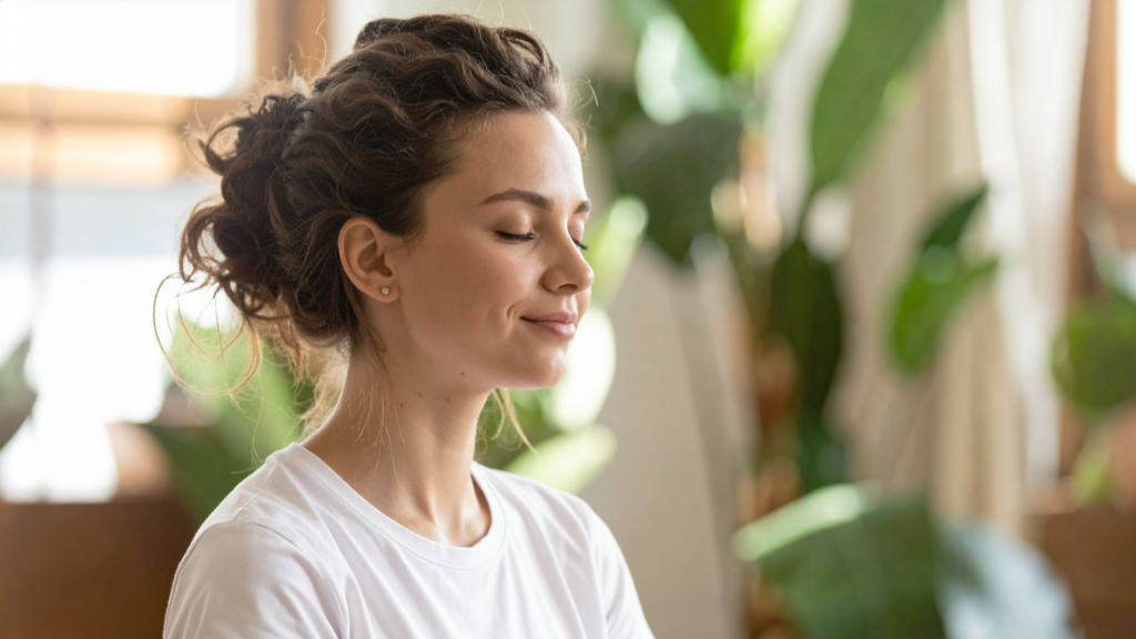 A person sits cross-legged on a yoga mat in a peaceful room, practicing guided meditations for anxiety relief with soft natural light streaming in.