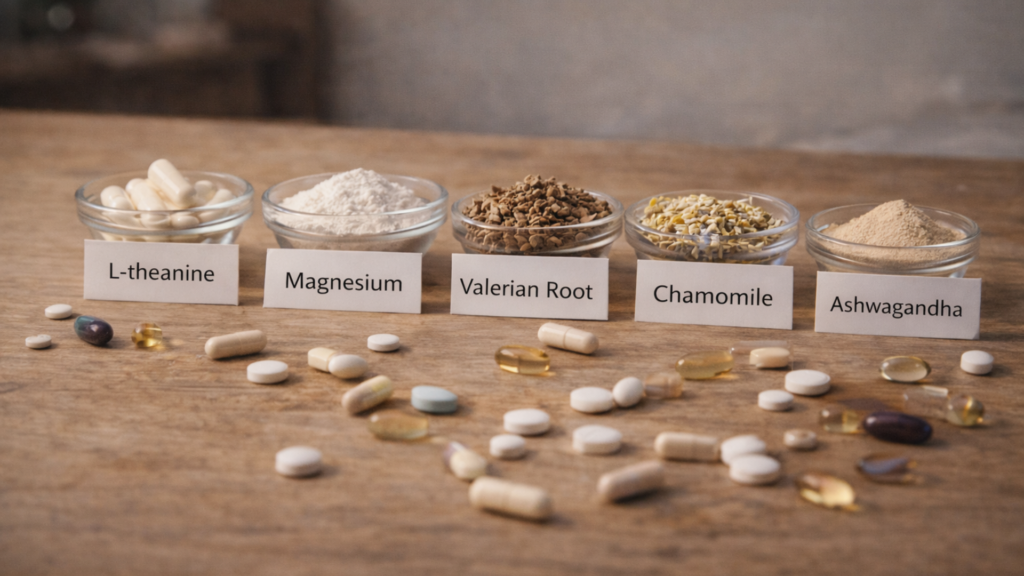 A selection of the most effective over the counter sleep aid options, including melatonin, diphenhydramine, and herbal supplements on a pharmacy shelf.