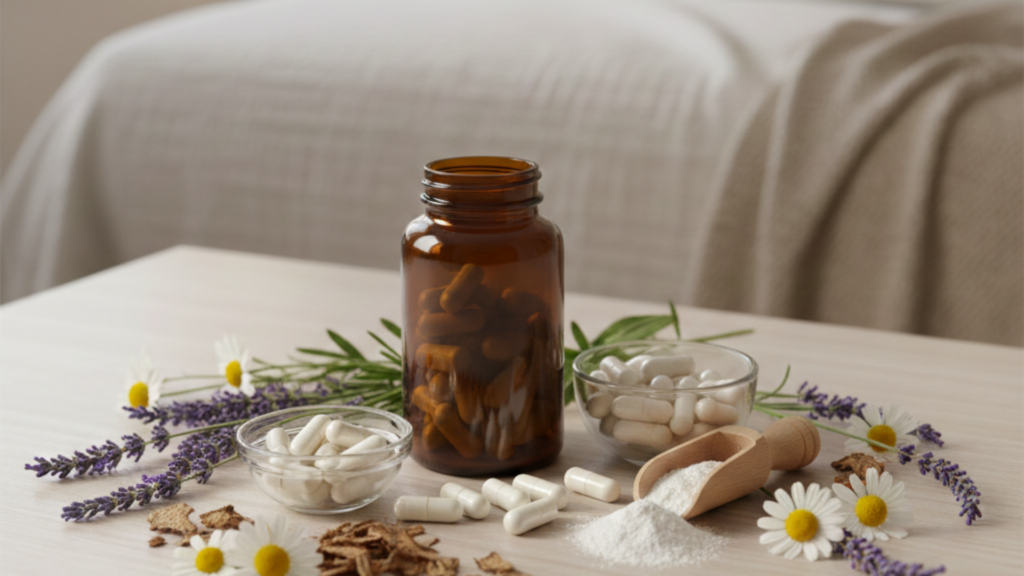 A cup of herbal tea, lavender flowers, and a journal on a bedside table, representing natural remedies for insomnia and promoting restful sleep.