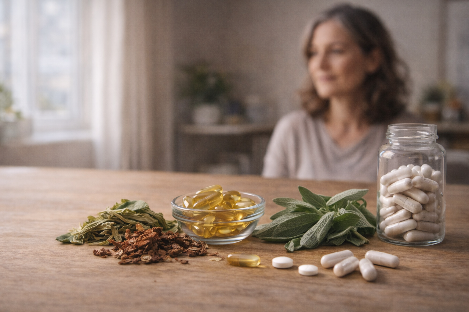 Herbal supplements, leafy greens, and mindfulness practices arranged on a table, representing natural remedies for menopause brain fog relief.
