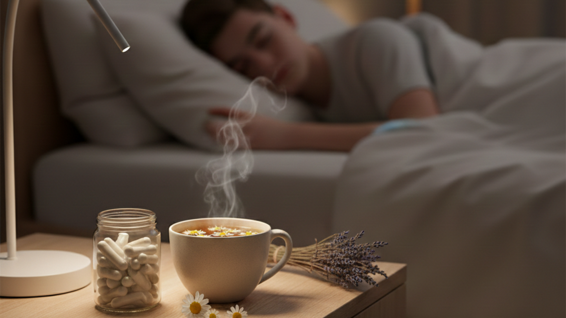 A bottle of natural sleep aid supplements for teenagers placed on a bedside table next to a glass of water and a soft pillow in a cozy bedroom setting.