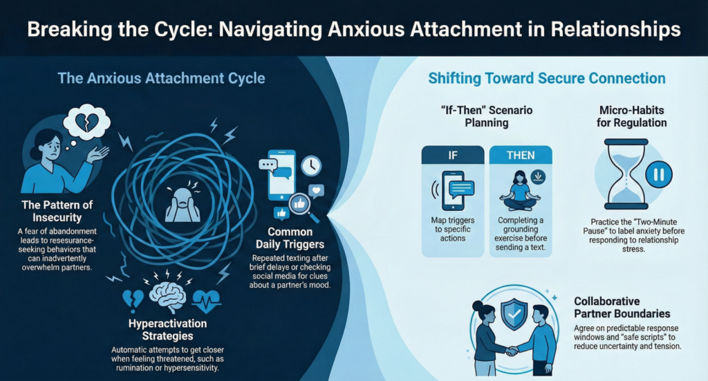 Illustration of a couple sitting apart on a couch, one partner looking worried and reaching out, depicting anxious attachment in romantic relationships.