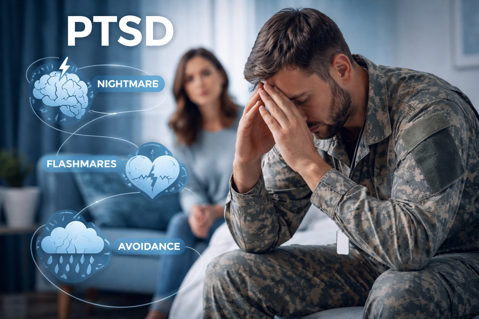 Illustration depicting the emotional impact of complex post-traumatic stress, showing a person surrounded by fragmented, distressing memories and emotions.