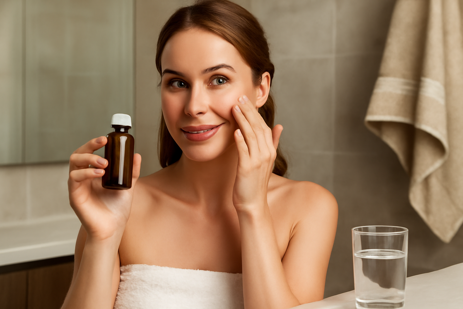 Woman applying skincare serum on her face