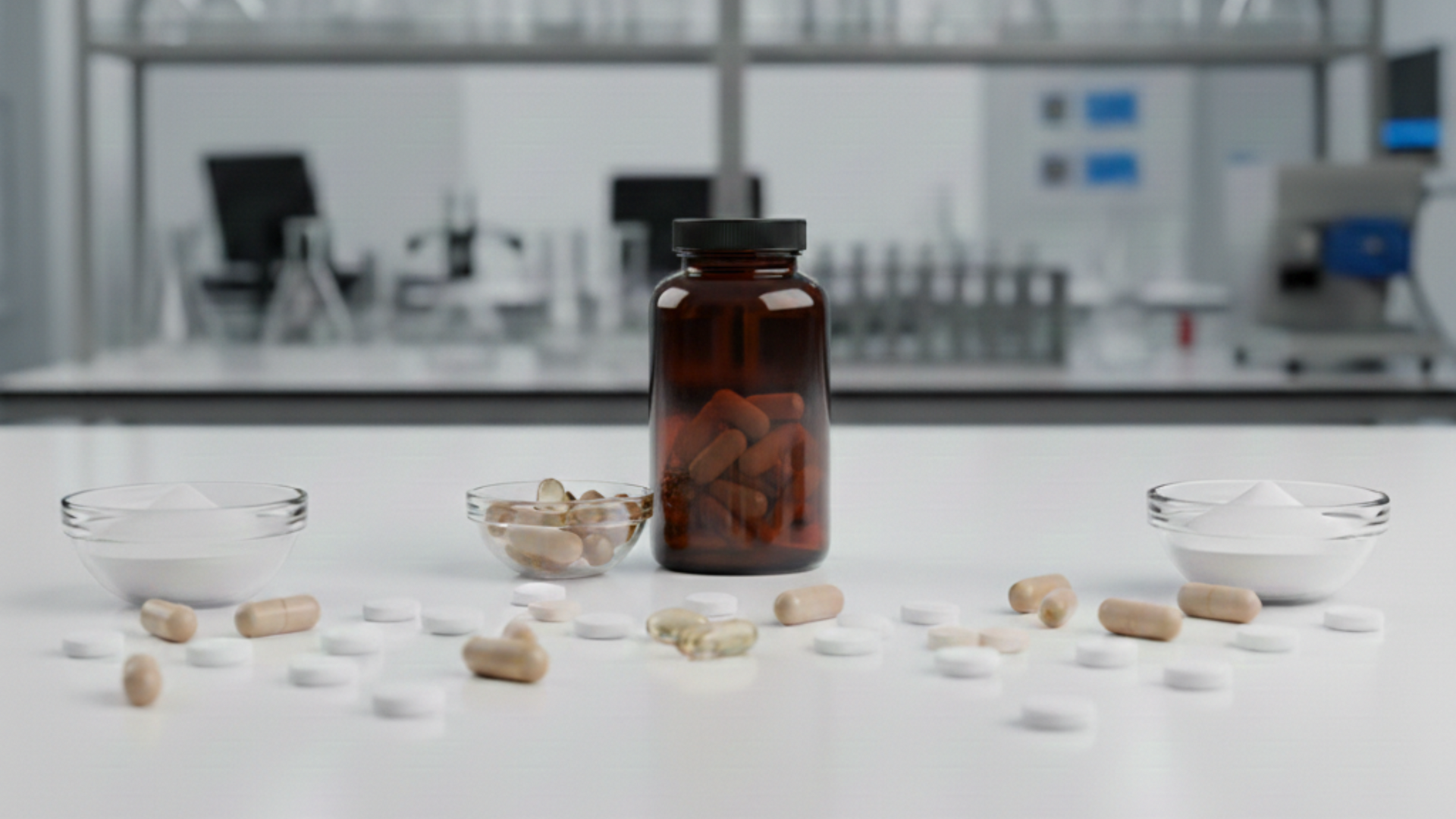 A variety of nootropics supplements and capsules arranged on a table, highlighting options commonly used to enhance focus and mental clarity.