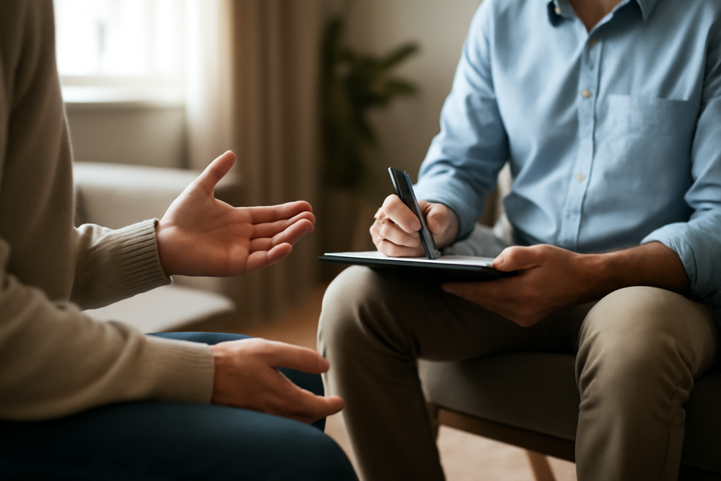 A person practices deep breathing and mindfulness exercises as coping skills for managing OCD symptoms and reducing anxiety in daily life.