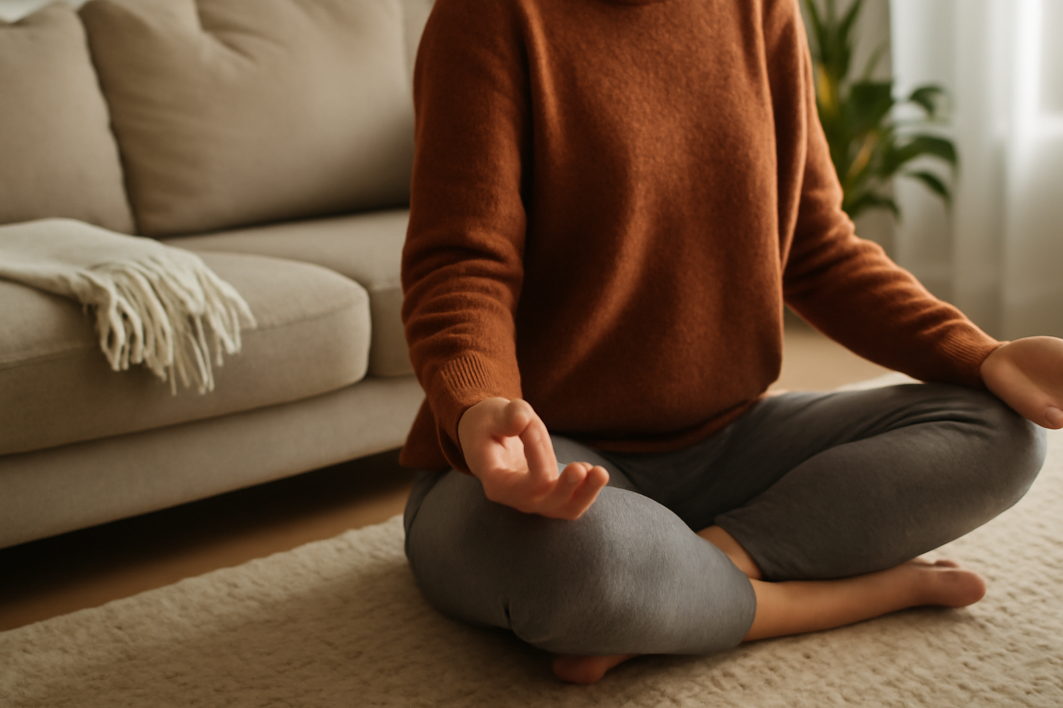 Person meditating cross-legged indoors near sofa