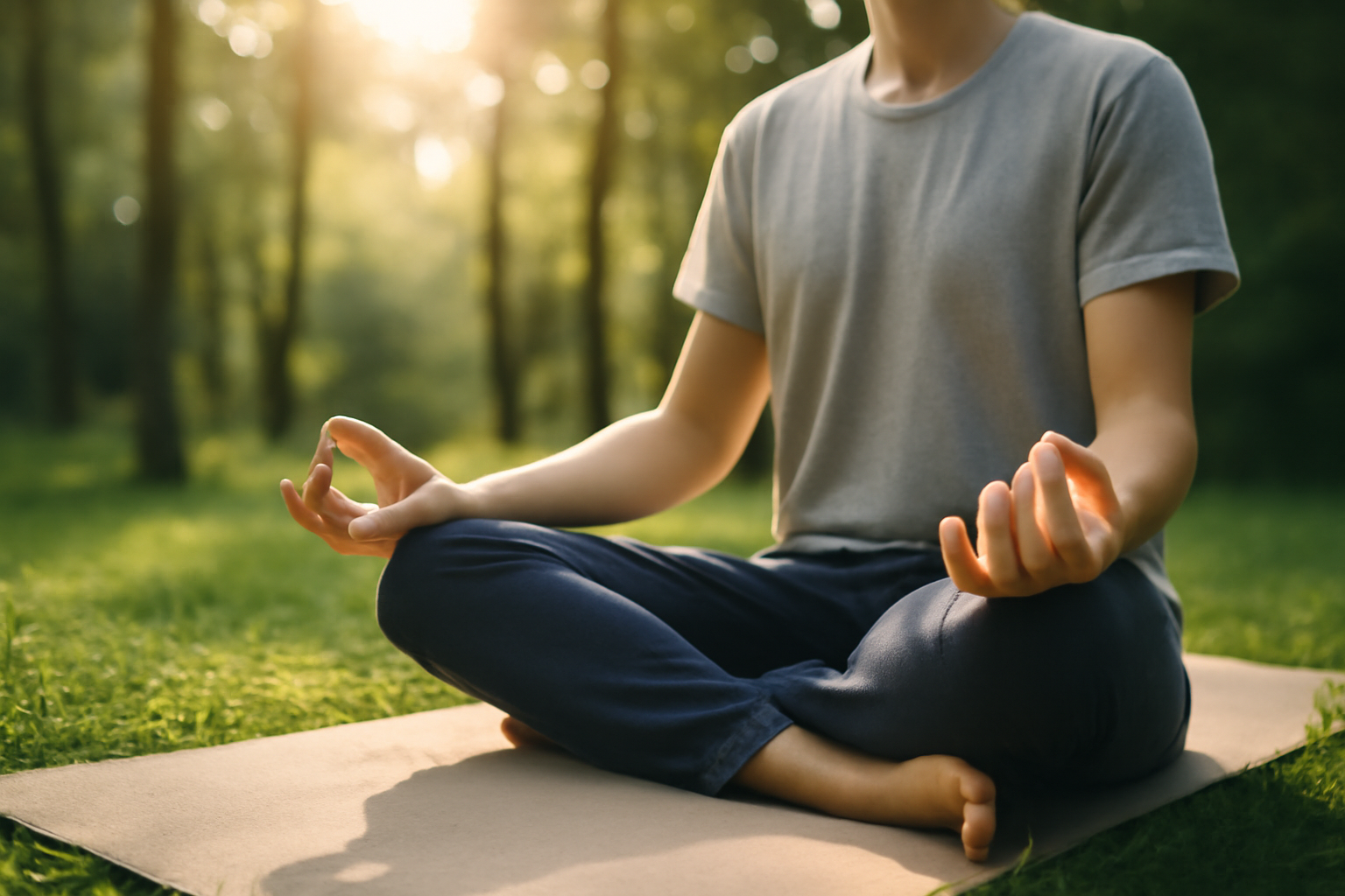 Person sitting cross-legged meditating outdoors on a mat