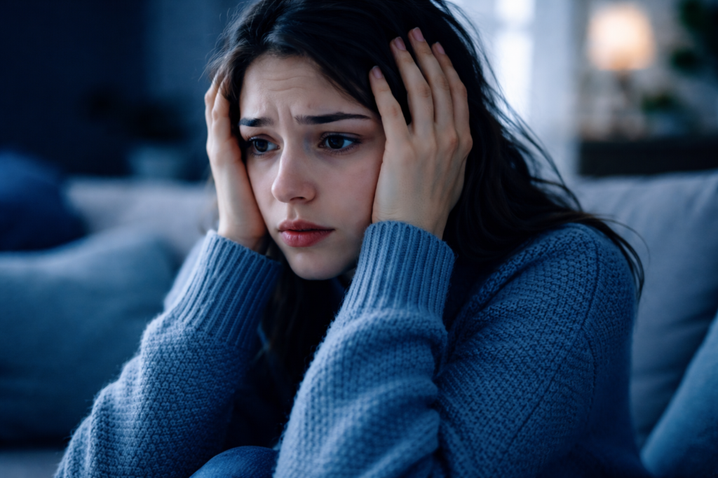 A worried couple sits apart on a couch, both looking anxious and distant, illustrating the emotional strain of relationship anxiety.