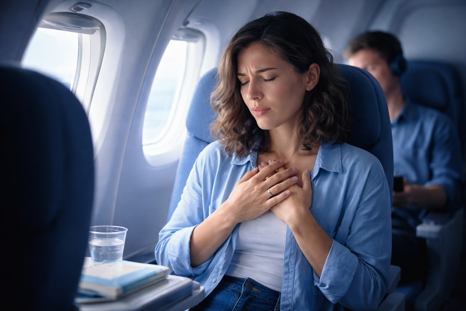 A nervous passenger grips an airplane armrest tightly during turbulence, practicing deep breathing techniques to manage turbulence anxiety mid-flight.