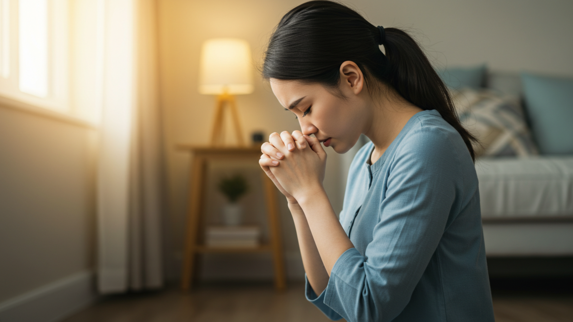 A person sits quietly with hands clasped in prayer, seeking comfort and hope during a moment of depression, surrounded by soft, calming light.