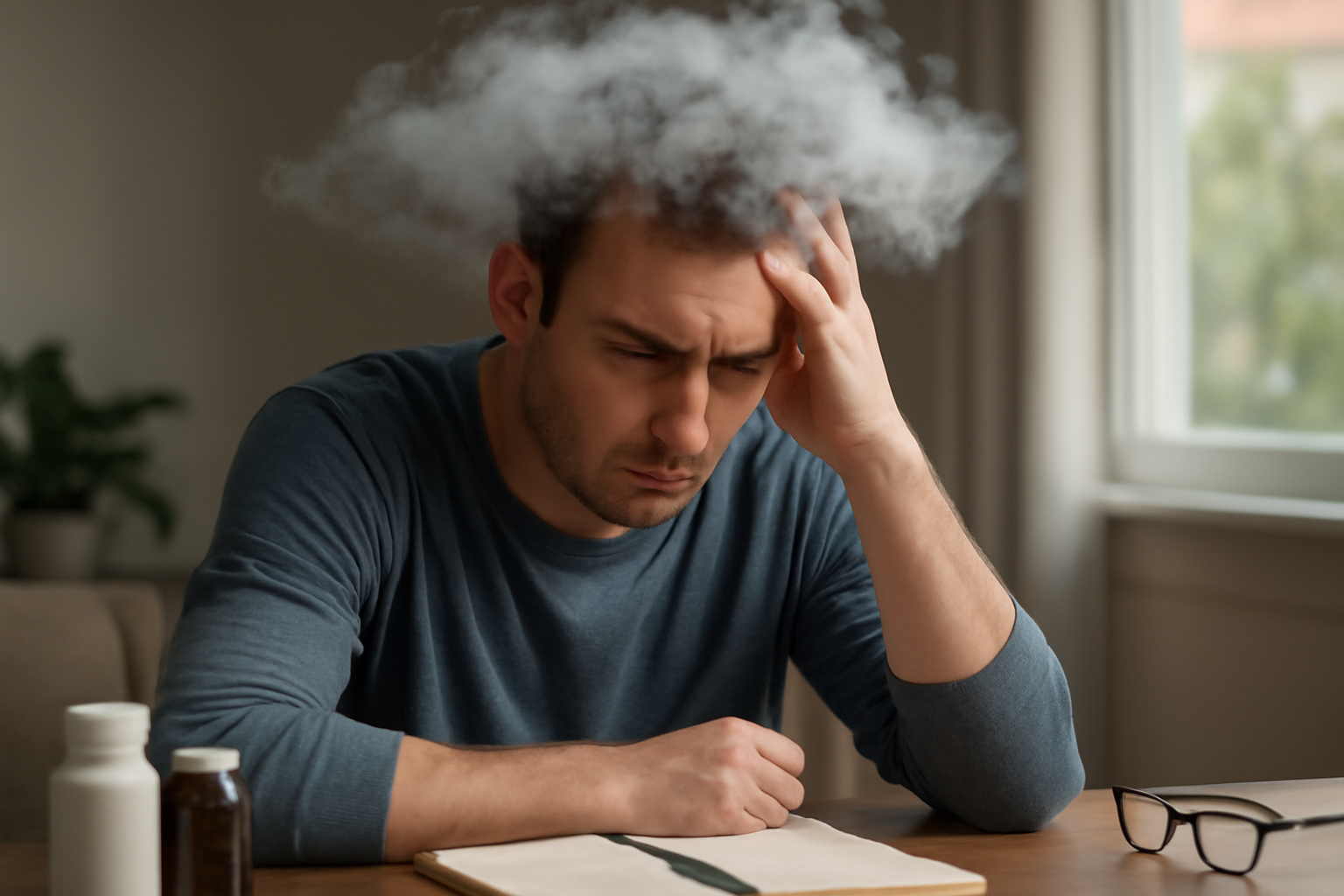 Man holding head with cloud of fog above expressing brain fog