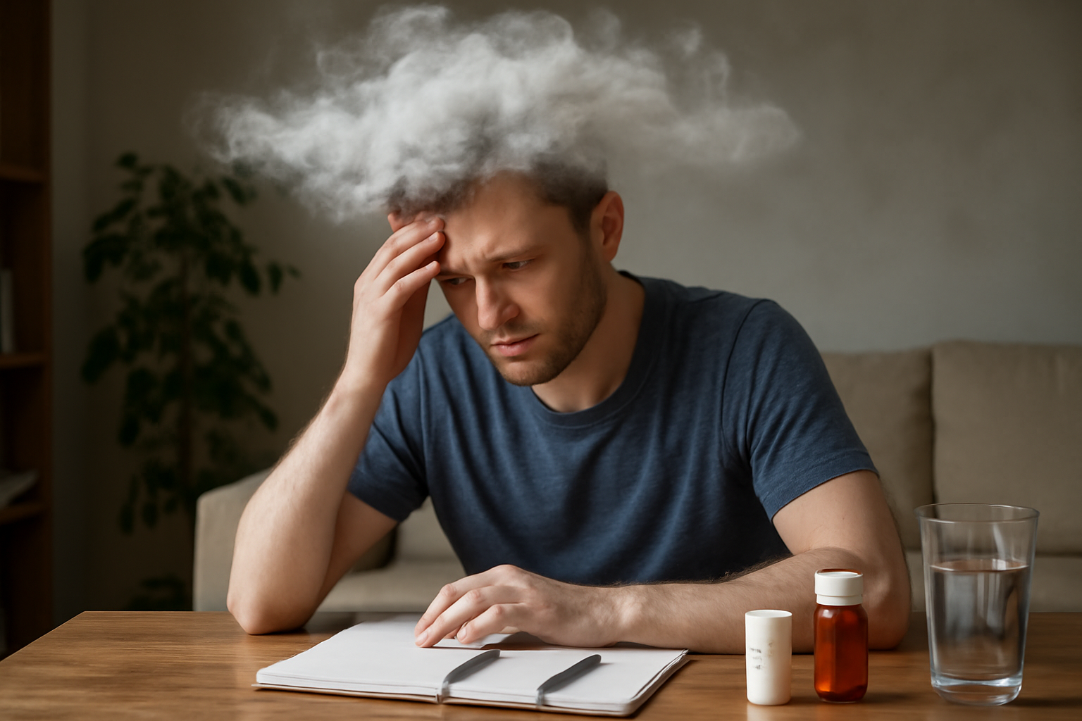 Man holding forehead with cloud above head symbolizing brain fog