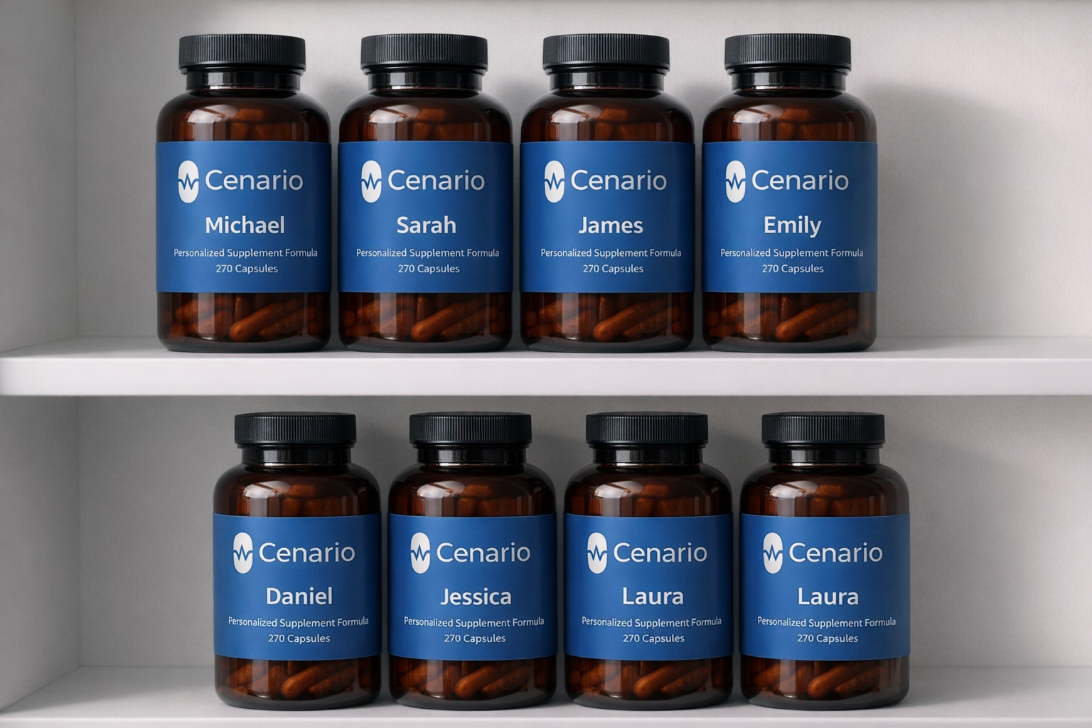 A bottle of serotonin supplement capsules placed on a wooden table, with a label indicating mood support and natural ingredients for emotional well-being.