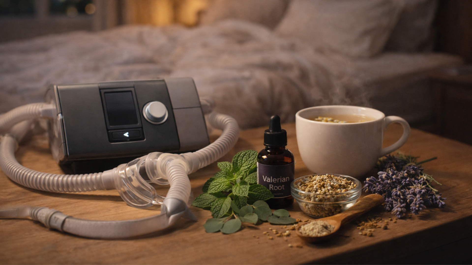 Various herbal remedies for sleep apnea, including valerian root, chamomile tea, and lavender, displayed on a table with dried herbs and supplements.