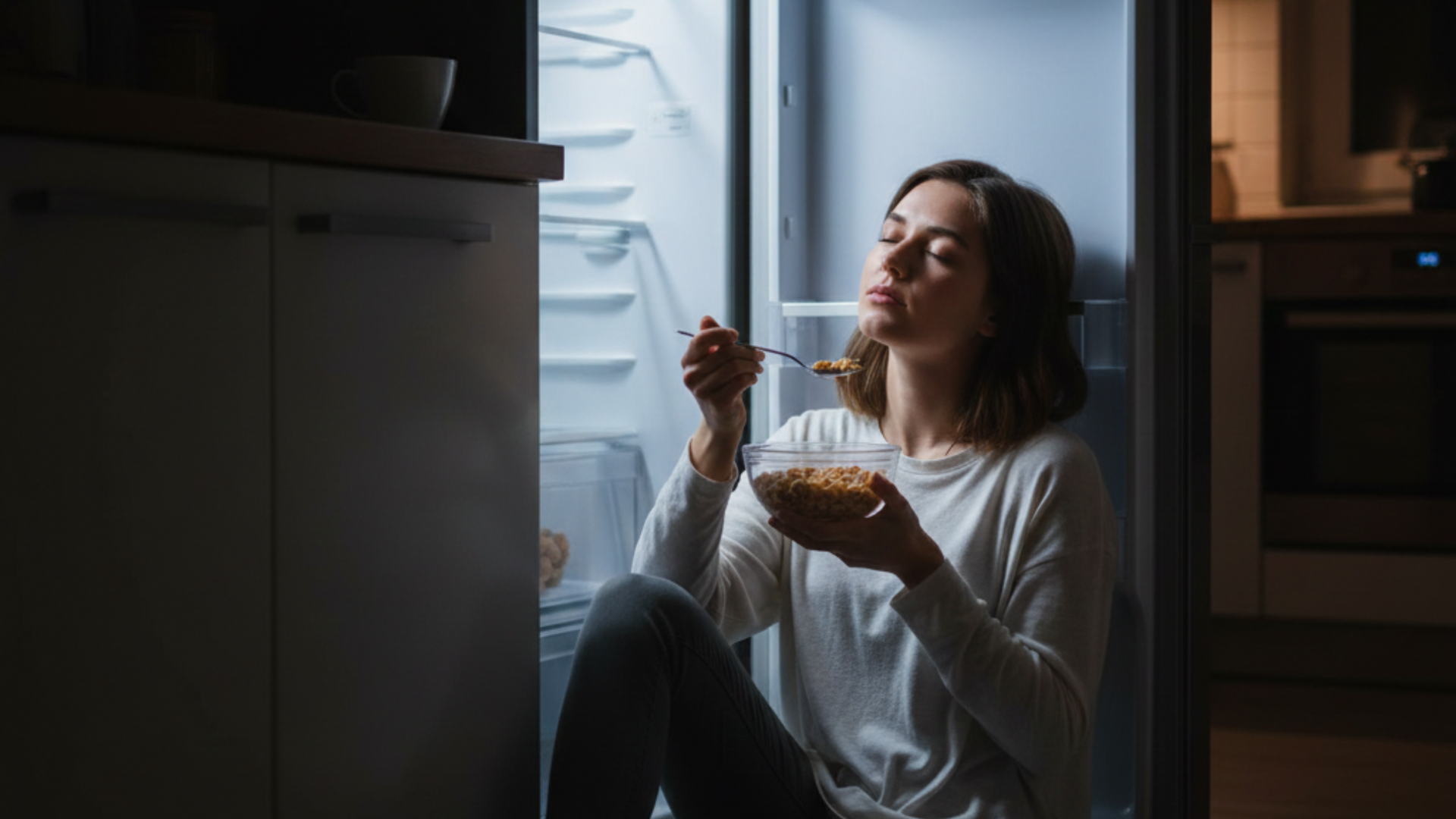 A person sleepwalking to the kitchen at night, unconsciously eating food, illustrating symptoms of sleep eating disorder in a dimly lit home environment.