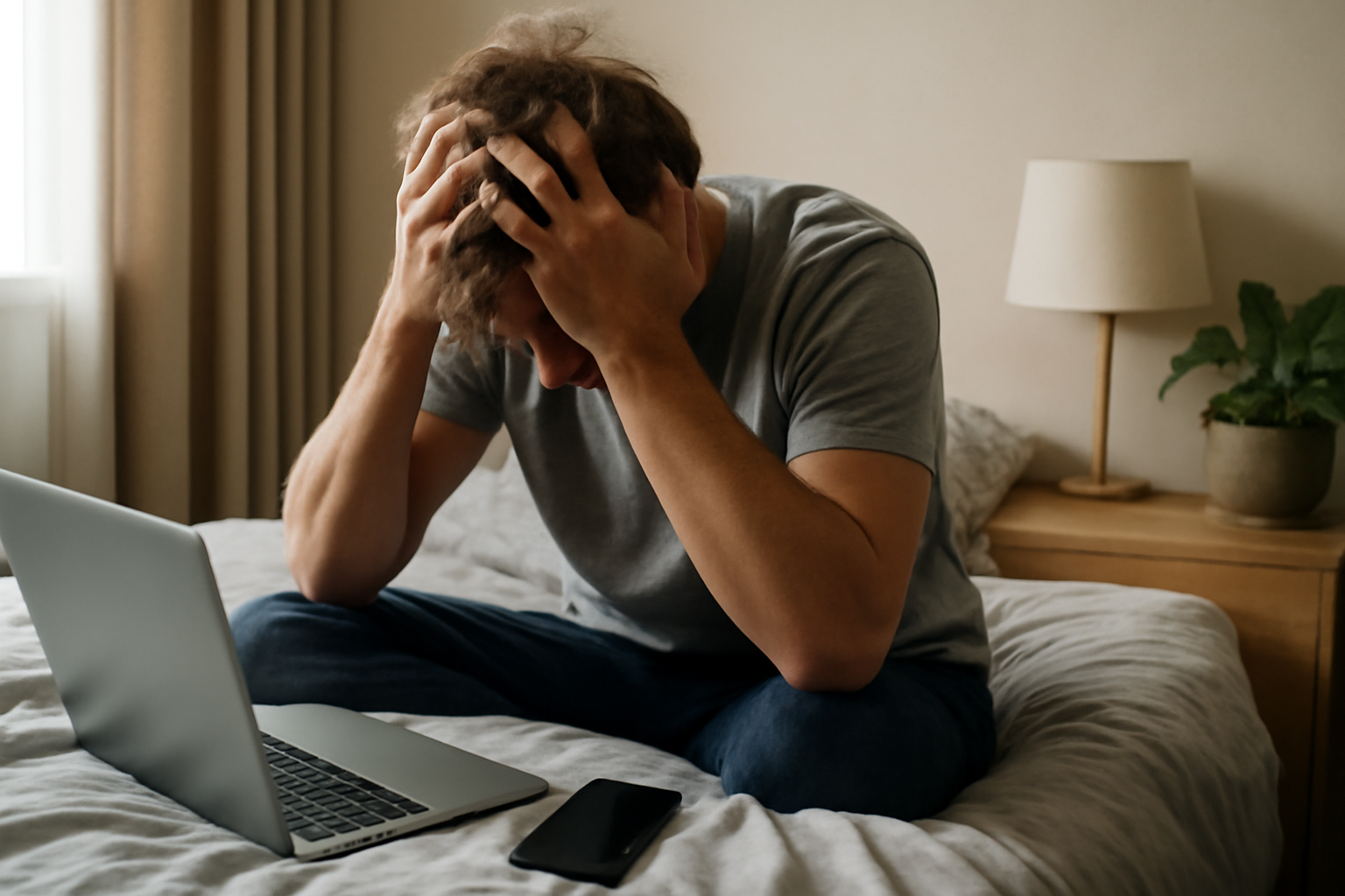 A person sits up in bed at sunrise, clutching their chest and looking distressed, illustrating the experience of waking up with anxiety in the morning.