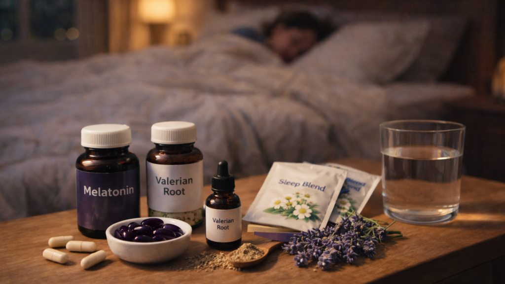 Bottles of the strongest over-the-counter sleep aids, including diphenhydramine and doxylamine, displayed on a pharmacy shelf for insomnia relief.