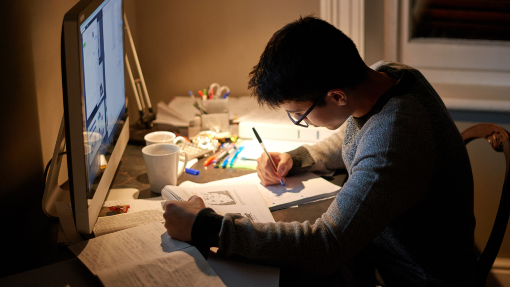 Illustration showing three ways to cope with academic stress: practicing time management, seeking support from peers, and engaging in relaxation techniques.