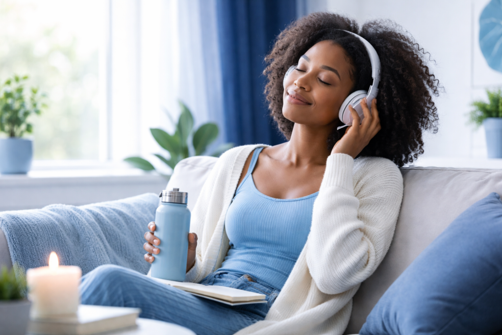 A serene scene with soft lighting, gentle waves, and calming nature sounds, representing relaxing music for stress relief and mental relaxation.