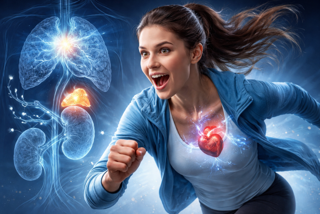 Illustration showing a person experiencing an adrenaline rush, with highlighted adrenal glands and increased heart rate, symbolizing the body's fight-or-flight response.