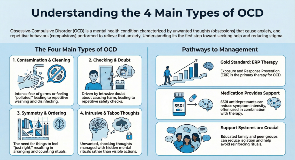 Diagram illustrating the four types of OCD: contamination, checking, symmetry and ordering, and intrusive thoughts, each with representative icons.