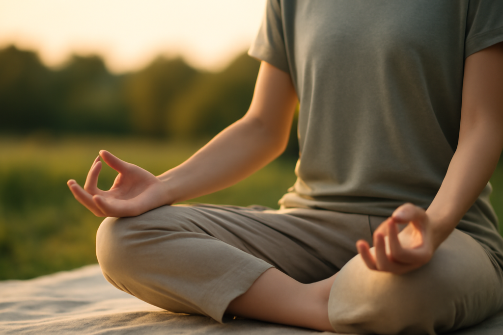 A relaxed person sits peacefully in a sunlit park, smiling gently with closed eyes, embodying calmness and a sense of inner peace and tranquility.
