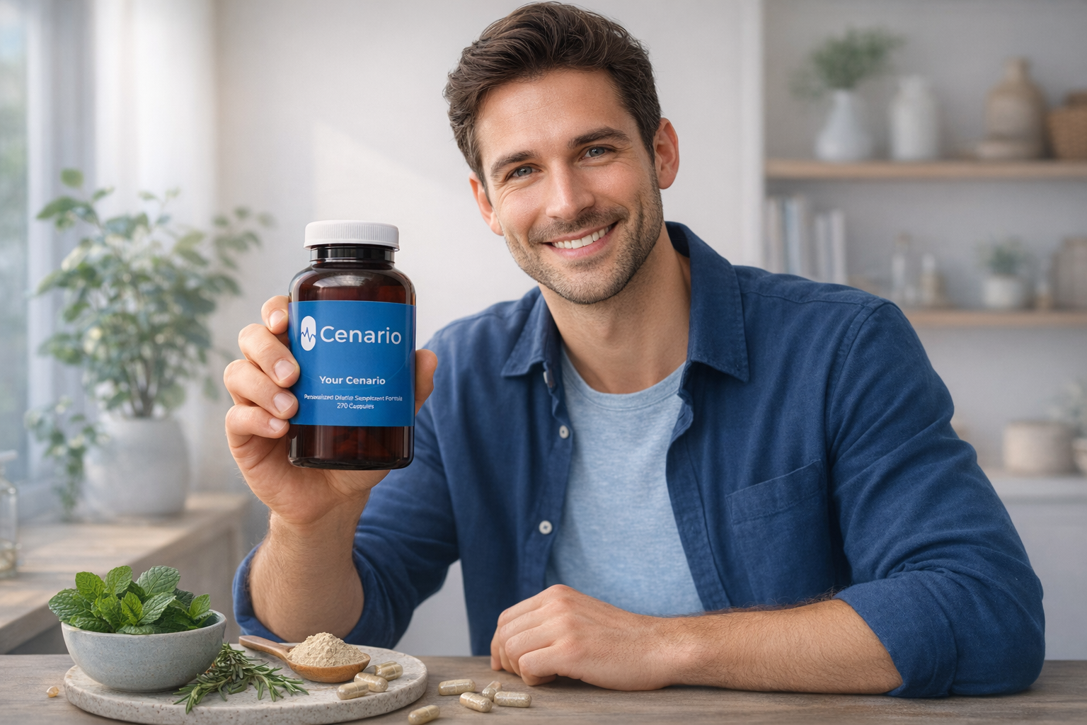 A bottle of GABA supplement capsules labeled for sleep support, placed on a bedside table next to a glass of water and an alarm clock.