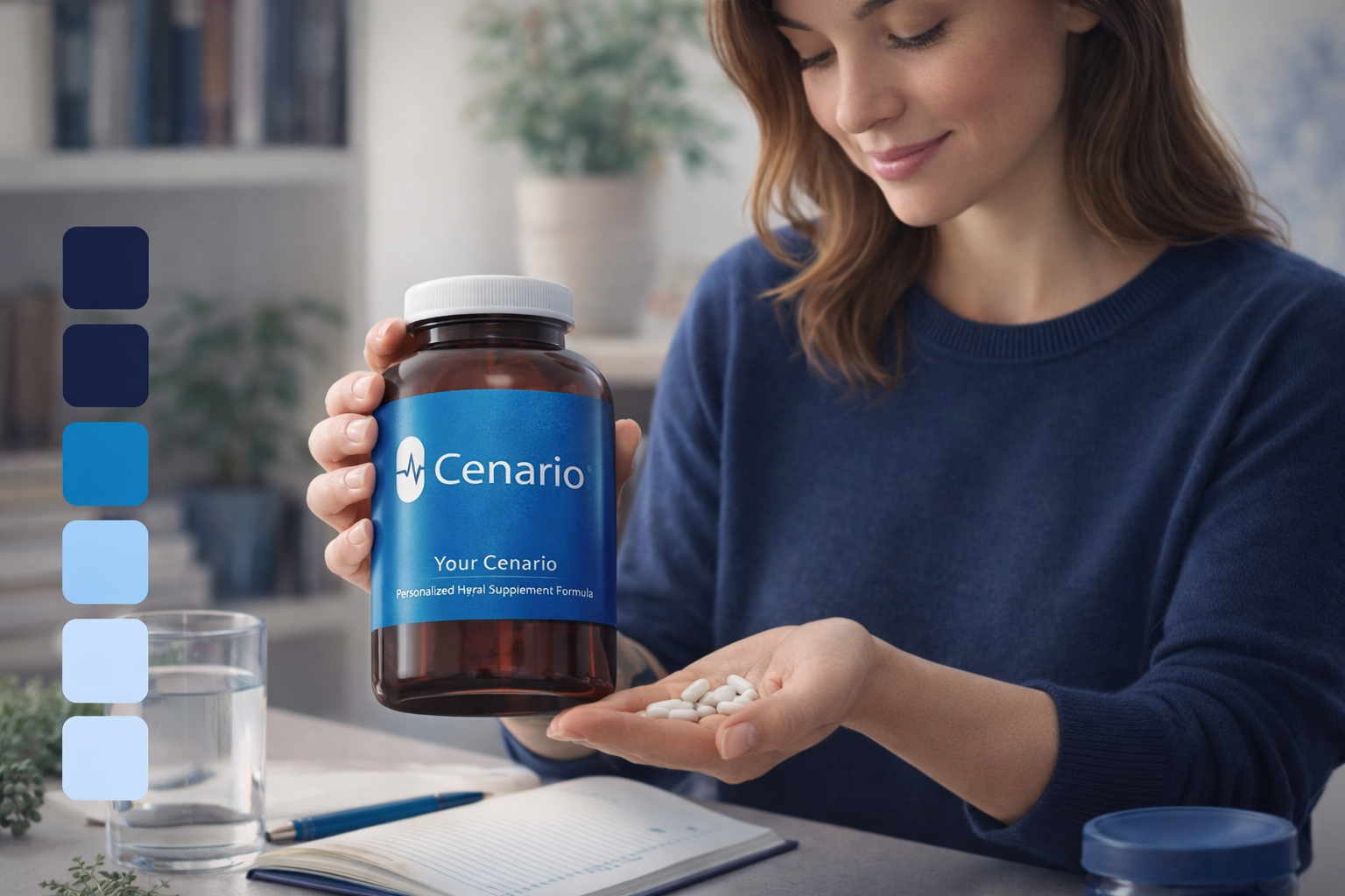 Bottles of natural supplements for focus and ADHD, including omega-3, magnesium, and herbal capsules, arranged on a wooden table with a notepad.