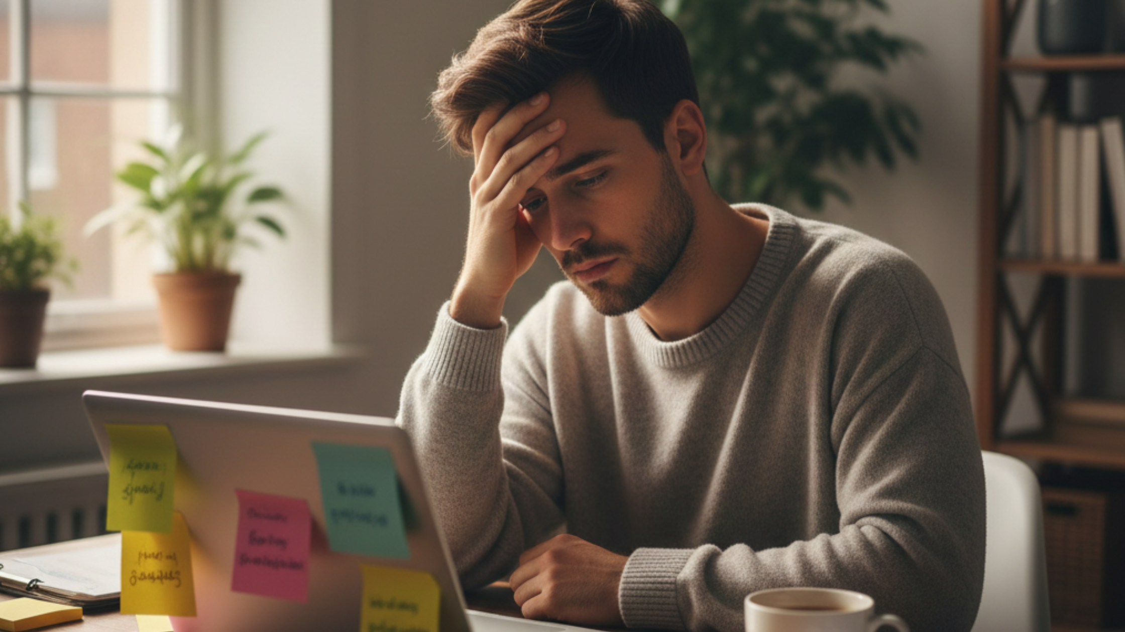 Man sitting at desk looking stressed and holding his forehead
