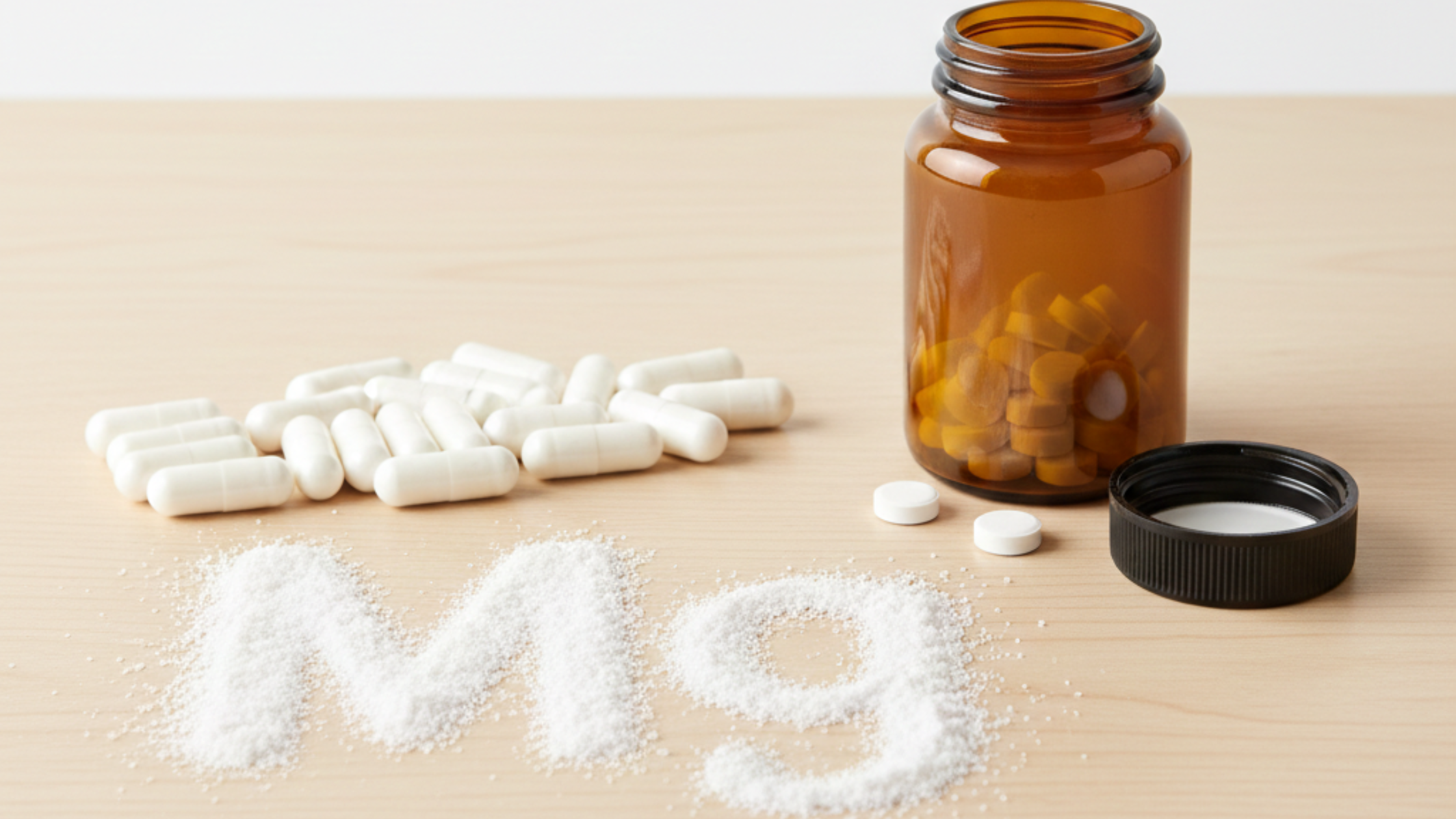Brown pill bottle with capsules, tablets, and Mg spelled in powder