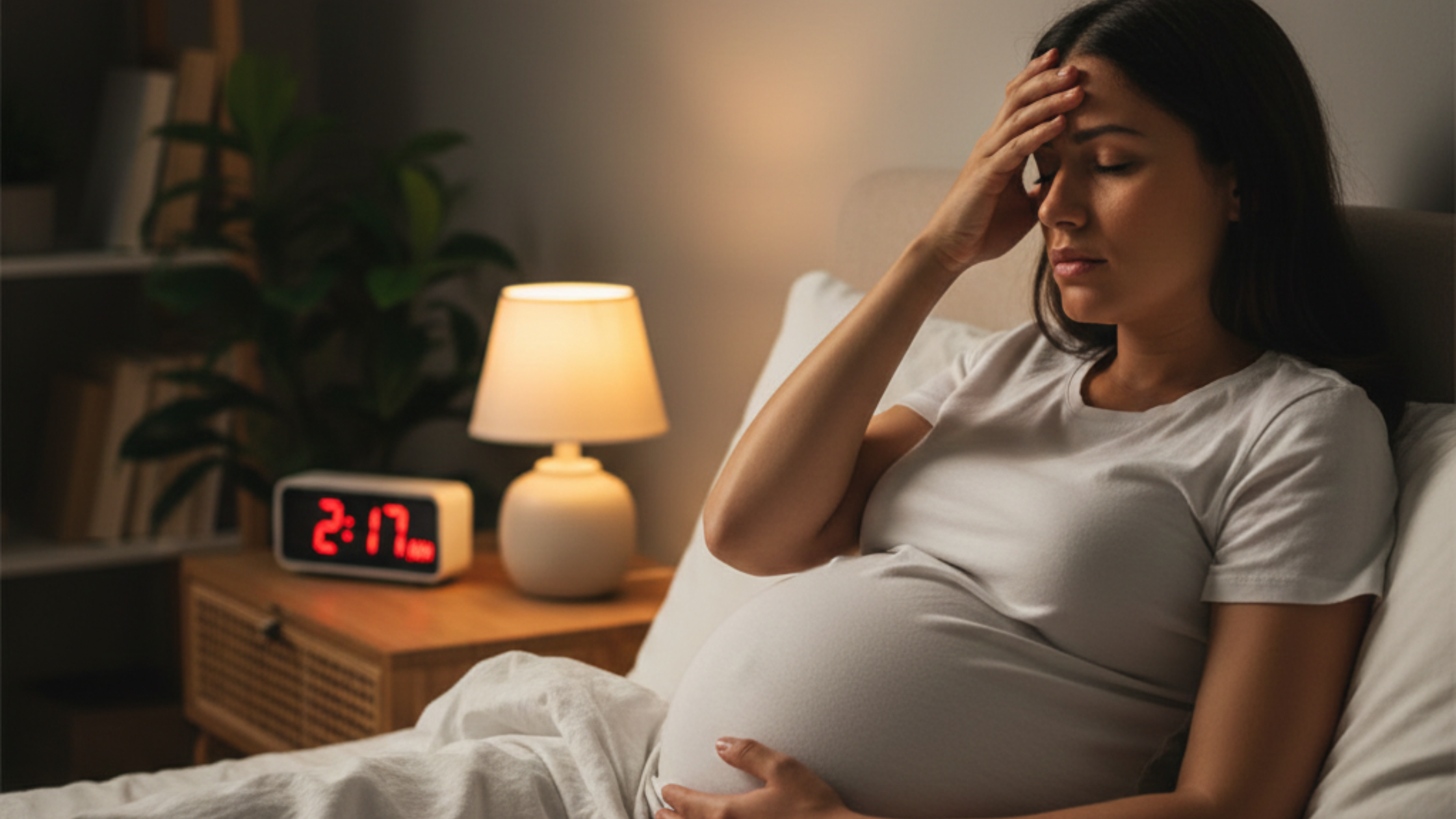 Pregnant woman sitting awake in bed with headache