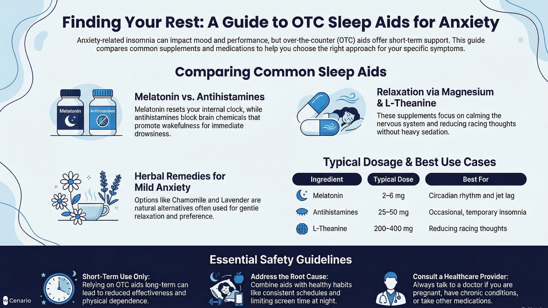 Infographic comparing common OTC sleep aids for anxiety and safety tips