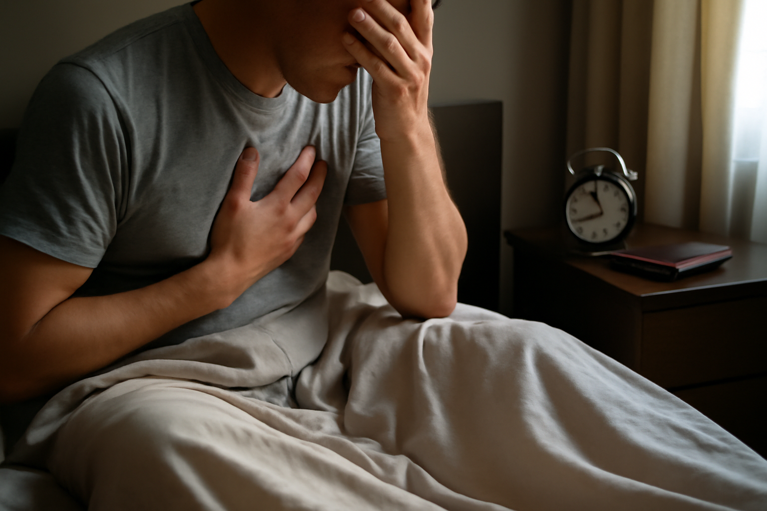 Person sitting on bed holding chest and face in distress