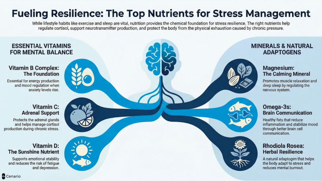 A selection of vitamin B complex supplements, known for supporting stress relief and promoting healthy nervous system function, displayed on a wooden table.