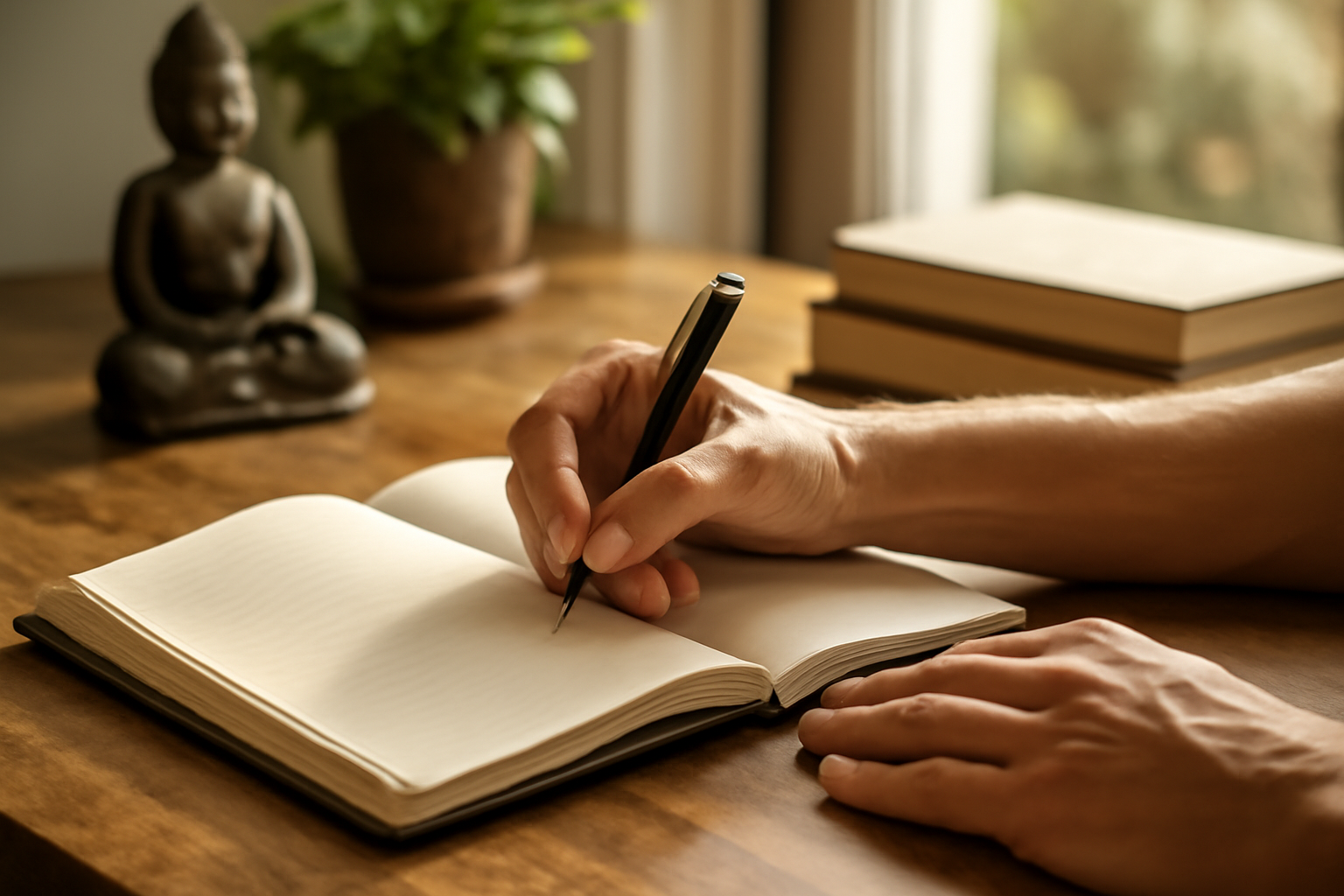 Hand writing in open notebook on wooden table with Buddha statue