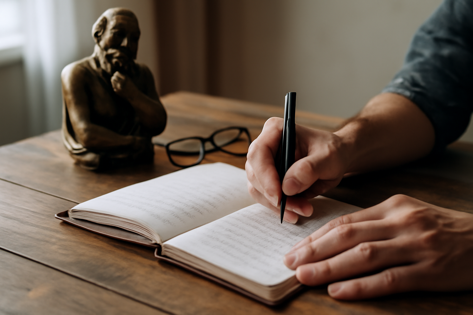 Person writing in a journal with thinking statue and glasses nearby