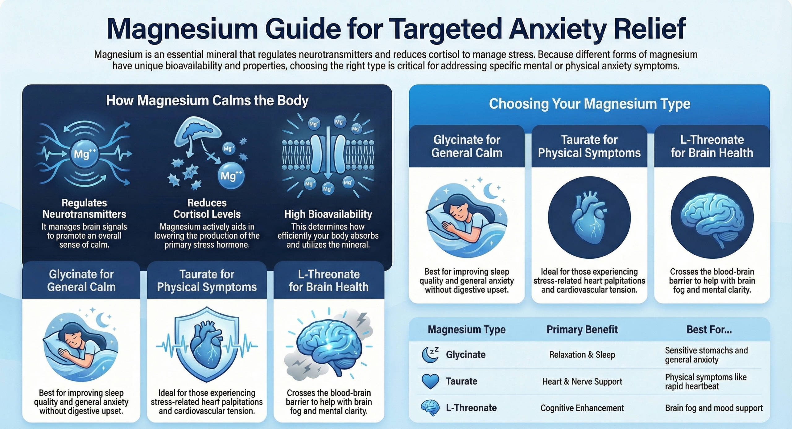 Infographic explaining magnesium types and benefits for anxiety relief