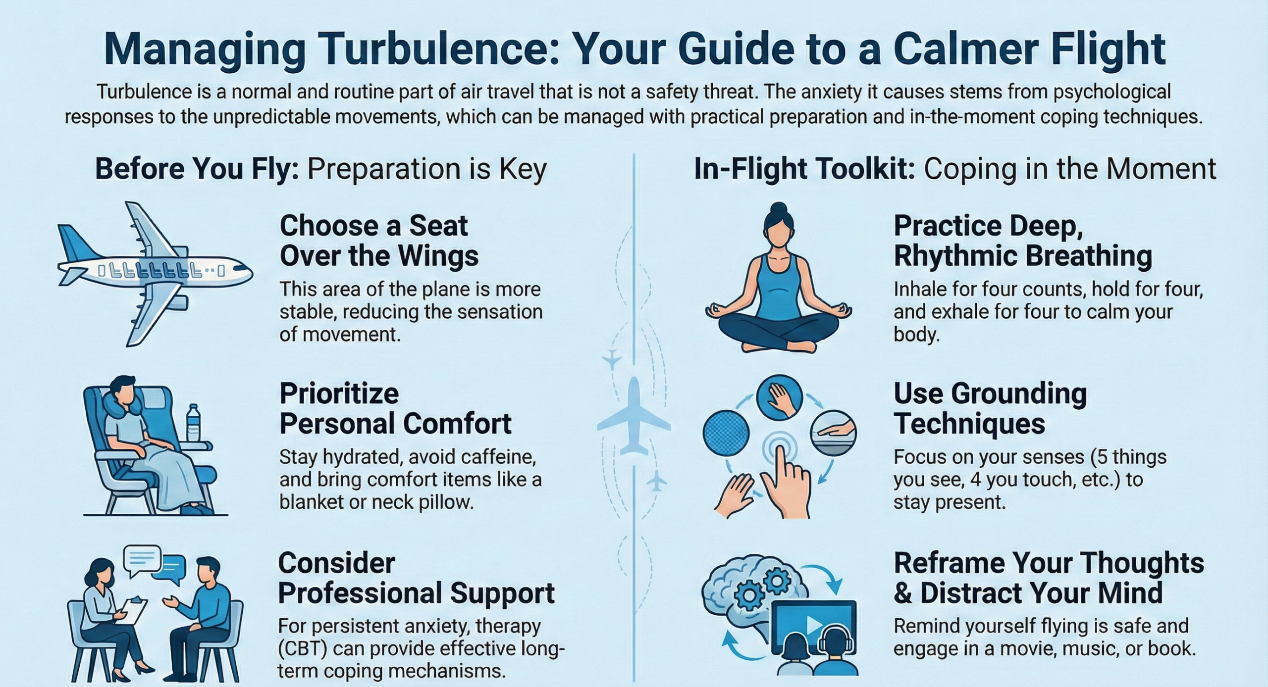 Infographic with tips to manage turbulence anxiety before and during flight