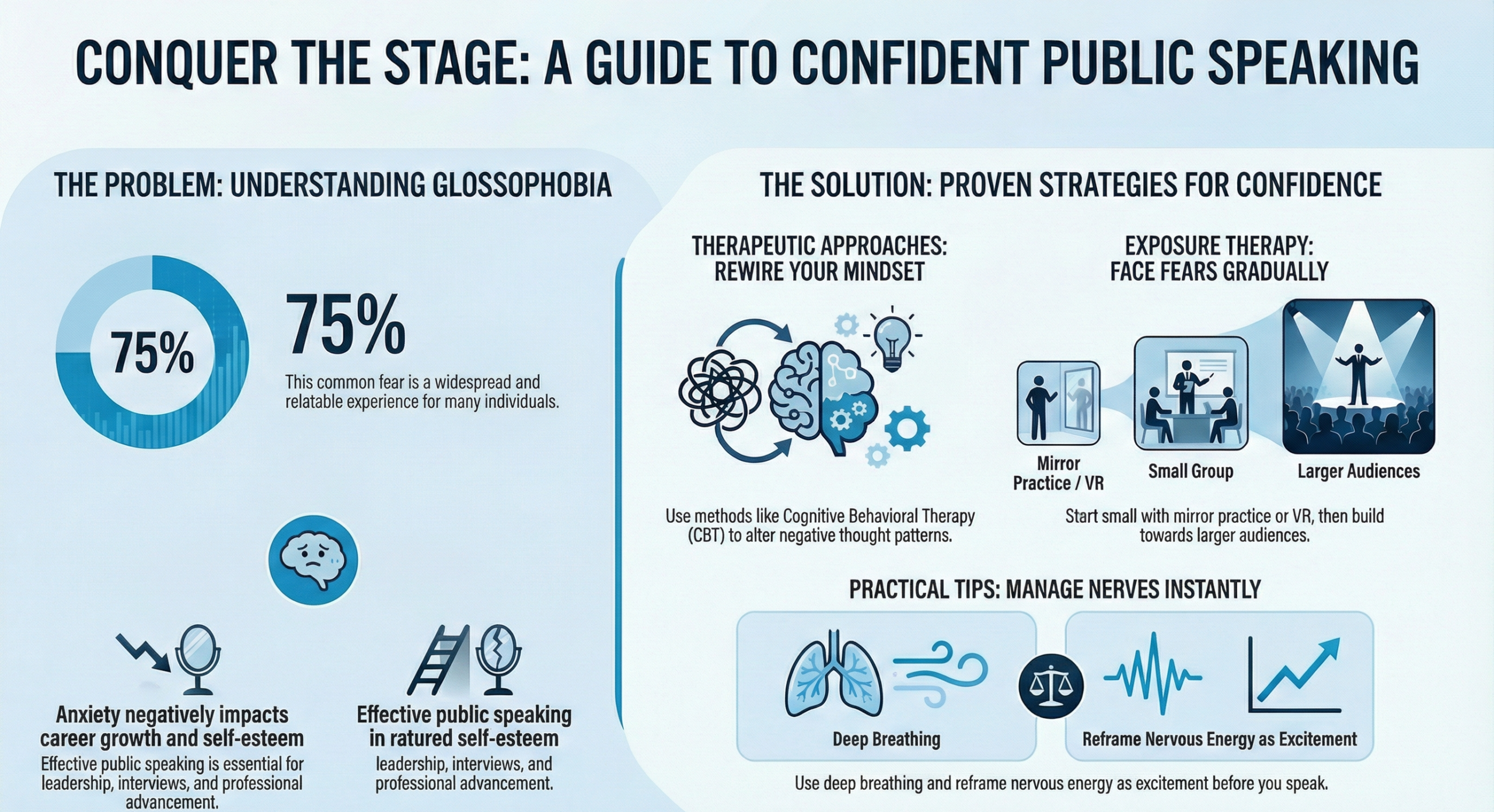 Infographic summarizing public speaking anxiety and confidence strategies