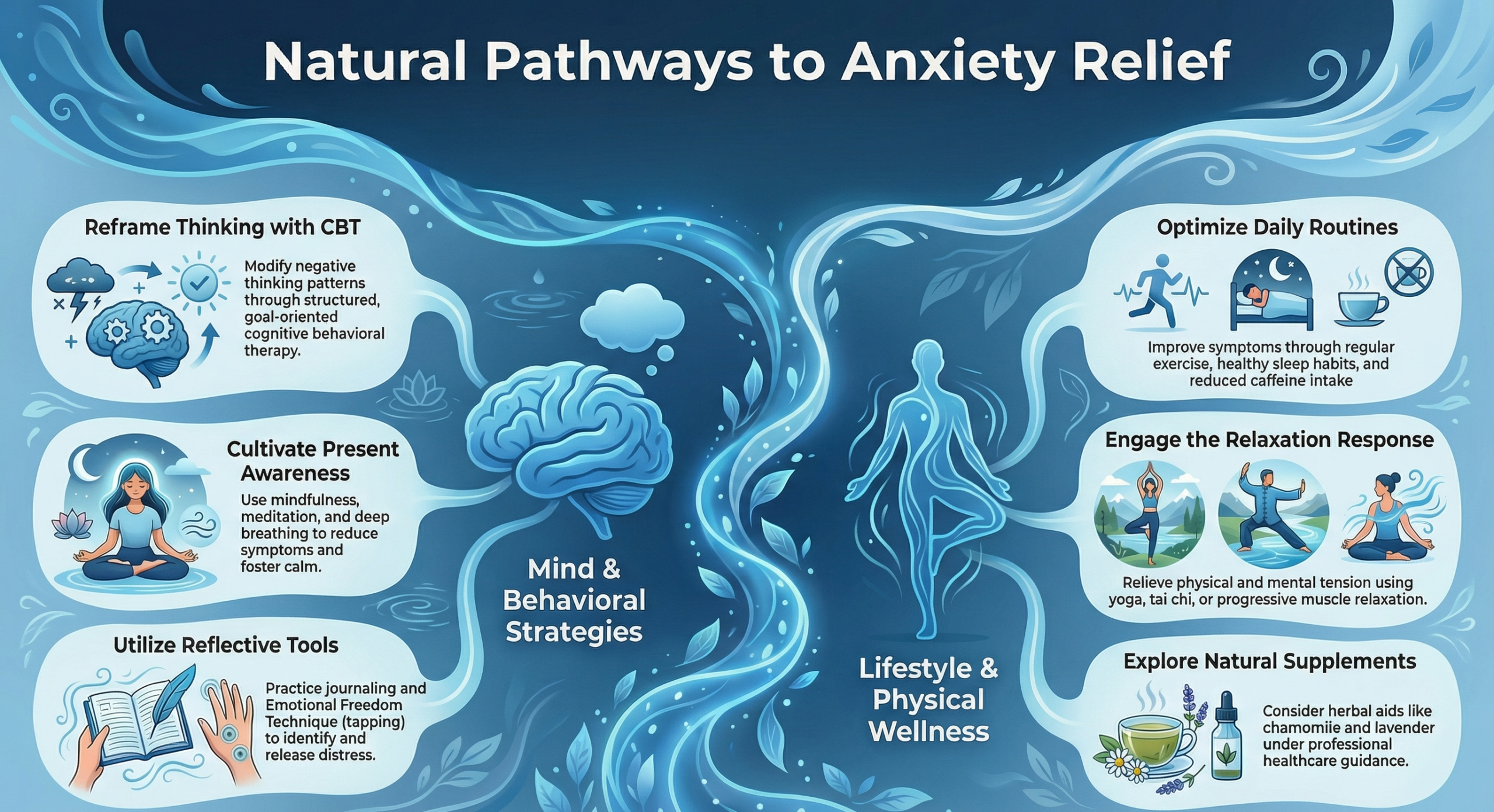 Infographic of natural pathways to anxiety relief with mind and lifestyle tips